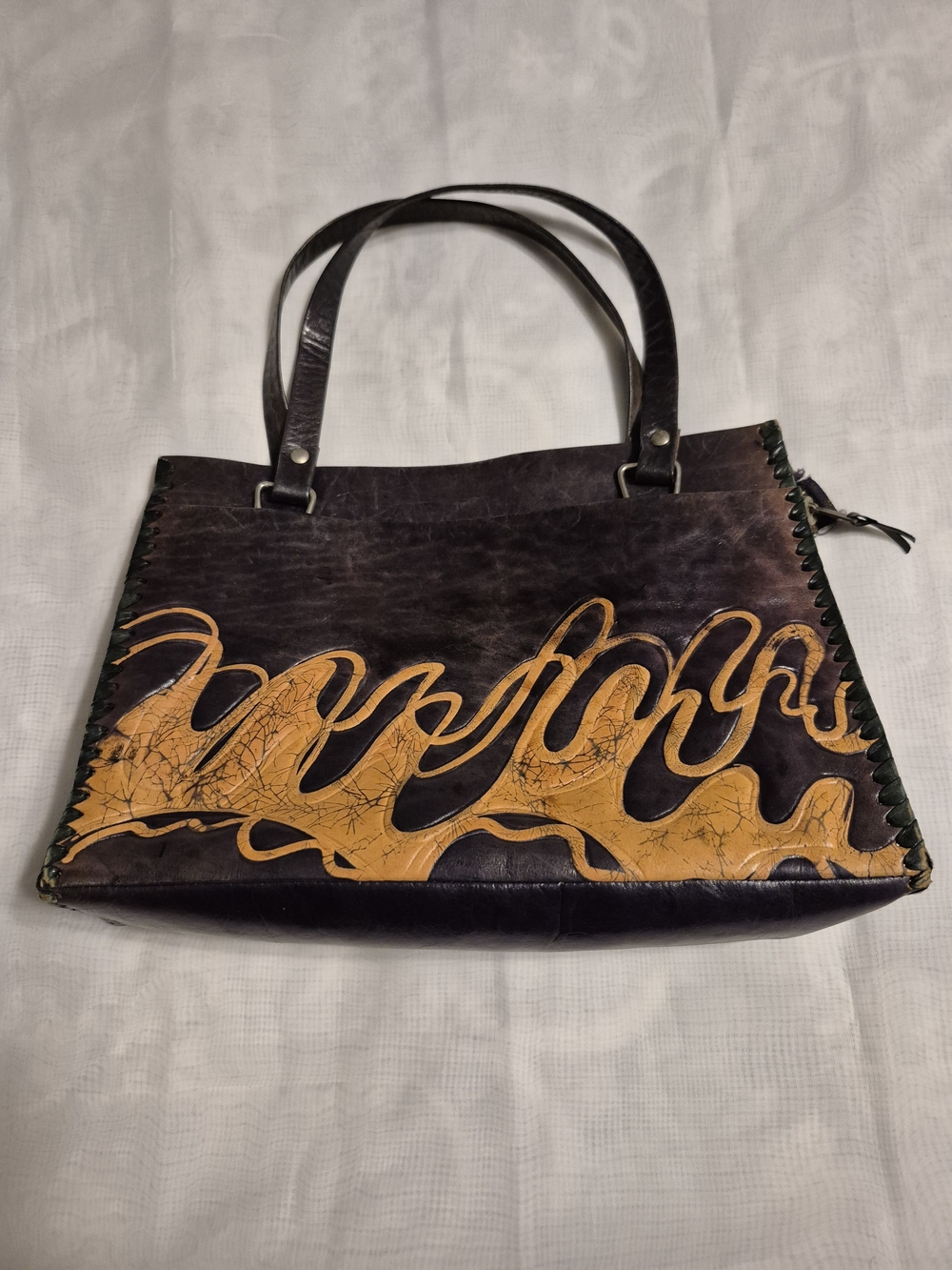 Handmade Leather Tote Bag in Dark Brown with Mustard Graphic Accent